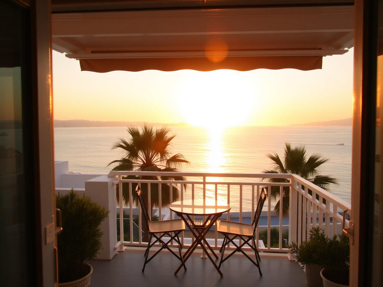 Sample image of a sea view from the balcony at sunset (AI-generated placeholder)