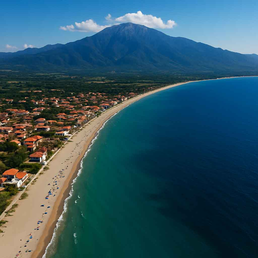 Aerial view of Neoi Poroi beach with Mount Olympus in the background